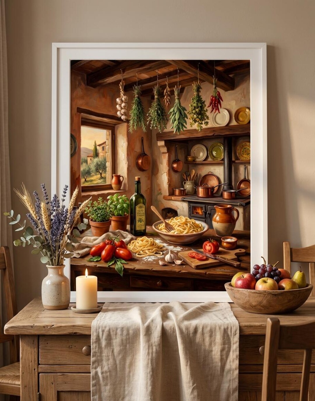 Italian Kitchen Art Print - Rustic Pasta Table Oil Painting - Nonna ...