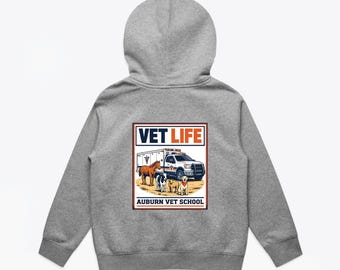 Sudadera infantil con capucha ilustrada de Vet Life / Facultad de Veterinaria de Auburn, temática de rescate animal.