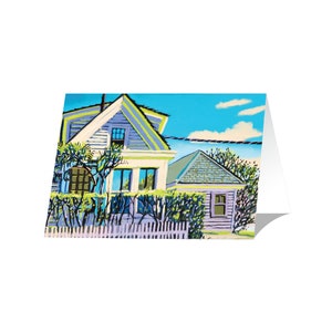 May include: A painting of two houses with a white picket fence in front. The house on the left is light blue with white trim and a yellow roof. The house on the right is light purple with a gray roof. The sky is blue with white clouds.