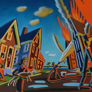May include: A colorful painting depicting a house fire with people in the street. The house is engulfed in flames, and people are using hoses to put out the fire. There are other houses in the background, and the sky is blue with white clouds.
