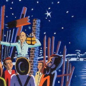 May include: A group of people stand in a snowy field at night, looking up at a crescent moon and a star. The people are wearing winter clothing and are gathered around a wooden structure. The scene is painted in a bright, colorful style.