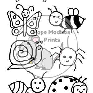 May include: Black and white illustration featuring a butterfly, bee, snail, mouse, spider, ant, and ladybug. The text "Itty Bitty Critters" is at the top. The image is a cute, cartoon style.