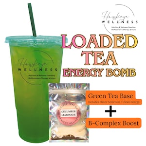 May include: A refreshing green beverage in a clear plastic cup with a green straw. The cup is labeled "Hawkeye Wellness" and "Loaded Tea Energy Bomb." A small packet of "Cucumber Lemonade" tea and a "B-Complex Boost" are also shown.