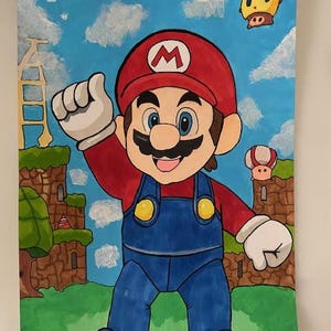 May include: A colorful painting of Mario from the Super Mario Bros. video game. Mario is wearing a red hat with a white "M", a red shirt, and blue overalls. The background features a blue sky with clouds, green grass, and brown brick structures.
