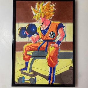 May include: Framed artwork featuring a character with spiky yellow hair, wearing an orange and blue outfit, lifting blue dumbbells. The artwork is set against a brown and yellow background, with a black frame.