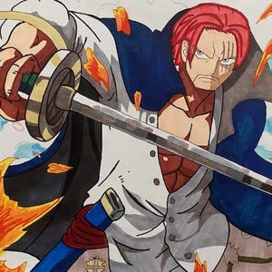 May include: Illustration of a character with red hair, holding a sword. The character is wearing a white shirt, a dark blue cape, and a gray vest. Orange and yellow flames are depicted around the character.