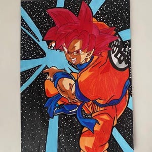 May include: A vibrant painting of a character from Dragon Ball Z. The artwork features a figure in an orange and blue outfit with spiky red hair, set against a black background with white speckles and blue accents.