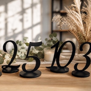 Könnte beinhalten: Ein Set aus fünf mattschwarzen Tischnummern mit den Ziffern 1, 2, 5, 1, 0 und 3 in einer stilisierten Serifenschrift. Jede Nummer ist auf einem runden Sockel montiert und steht aufrecht, um die einzelnen Ziffern klar auf einer Fläche zu zeigen.