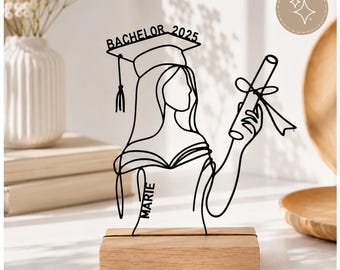 Personalisierter Line Art Aufsteller Abschluss | Abitur, Bachelor, Master, Dr. | Geschenk zum Abschluss | 3D Druck mit Holzsockel