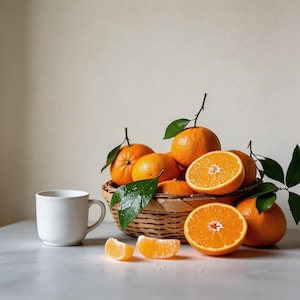May include: A still life image featuring a woven basket filled with ripe oranges, some halved to reveal the juicy interior. Green leaves and stems add a natural touch. A white mug sits beside the basket on a light-colored surface, with orange segments nearby.