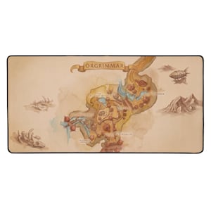 May include: A rectangular mousepad featuring a detailed map of Orgrimmar, with the text "ORGRIMMAR" at the top. The map is in shades of brown and tan, with various locations labeled. A zeppelin and mountains are also depicted.