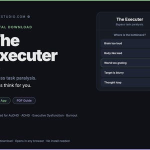 May include: A digital download titled The Executer from kiteestudio.com, featuring a dark interface with white text. It includes a menu with options like Brain too loud, Body like lead, World too grating, Target is blurry, and Thought loop.
