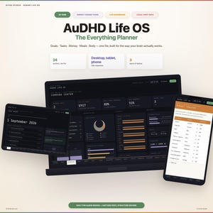 May include: A digital planner interface titled AuDHD Life OS displayed on a laptop, tablet, and smartphone. The dark-themed dashboard features sections for goals, tasks, money, meals, and body tracking, with text labels and data visualizations.