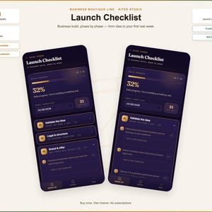 May include: A digital business launch checklist interface displayed on two smartphone screens. The dark-themed UI features gold accents, progress bars showing 32%, task lists, and countdown timers. Text includes Launch Checklist, 41 built-in tasks, 6 phases, and target launch date 24/08/2029.