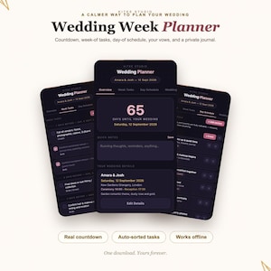 May include: A digital wedding planner app displayed on three smartphones with a dark interface. The screen shows a 65-day countdown, task lists, and a day-of schedule for Amara and Josh. Text includes Wedding Week Planner, Quick Notes, and Your Wedding Details.