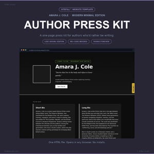 Puede incluir: Una plantilla de sitio web de tema oscuro para un kit de prensa de autor titulado Amara J. Cole Modern Minimal Edition. El diseño incluye un encabezado, una sección de biografía con texto corto y largo, un marcador de posición y un botón.