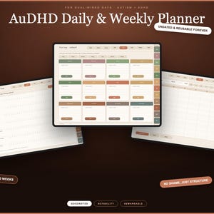 May include: A digital AuDHD Daily & Weekly Planner with 514 pages, 12 months, and 60 weeks. The interface features undated layouts in muted earth tones, including tabs for navigation, compatible with Goodnotes, Notability, and Remarkable apps.