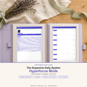 May include: Two e-ink tablets in light purple covers displaying digital planner pages with blue headers and text. The screen on the left shows a detailed list, while the right screen shows a task list. Text reads: AUDHD-FRIENDLY E-INK PLANNER The Dopamine Daily System Hyperfocus Mode, Undated & hyperlinked, 778 pages, Standard + Move formats, Any e-ink tablet, reMarkable, Kindle Scribe, Boox, reMarkable Move.