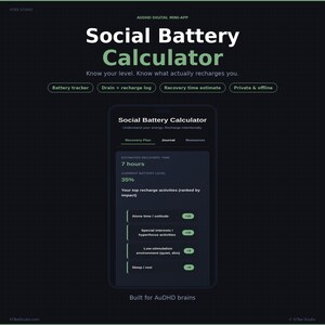 以下が含まれることがあります： ダークな背景にSocial Battery Calculatorと題されたデジタルアプリのインターフェース。画面には推定回復時間7時間、現在のバッテリーレベル35%、およびランク付けされたリチャージ活動のリストが表示されています。