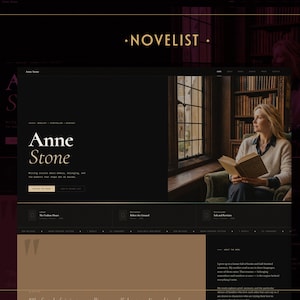 May include: A website interface for author Anne Stone featuring a dark theme with gold accents. The hero section displays the name Anne Stone, a tagline, and a photograph of a person reading a book in a library. Below are book titles and text.
