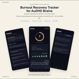May include: A digital mini-app titled Burnout Recovery Tracker for AuDHD Brains by Kitee Studio. The interface displays three dark-themed screens showing a protocol list, an evening energy dashboard with a circular gauge, and a journal entry log.