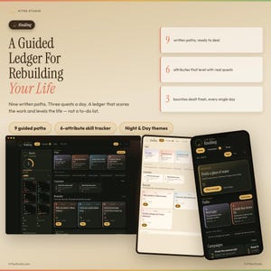 Kindling Gamified Life Levelling RPG, Dark Academia Vanespårare med XP, Skrivna Uppdragsvägar, Digital Nedladdning Offline