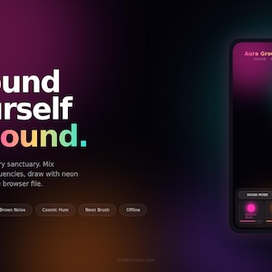 Puede incluir: Una interfaz digital titulada Aura Grounding Mixer con un fondo oscuro y degradados brillantes en morado y turquesa. El texto dice Ground yourself in sound, e incluye opciones de menú para mezclador de sonido y herramientas de pincel neón.