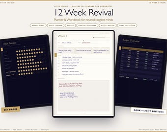 May include: A digital PDF planner and workbook titled 12 Week Revival for neurodivergent minds. The display shows three tablet screens featuring a habit tracker, a weekly plan page, and a budget overview with dark and light color themes.