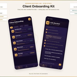 Op de afbeelding: Een digitale Client Onboarding Kit-interface van Kitee Studio weergegeven op twee donkere mobiele schermen. Het linkerscherm toont een lijst met klanten, terwijl het rechterscherm een gedetailleerde checklist voor Sofia Marchetti toont met tekstlabels.