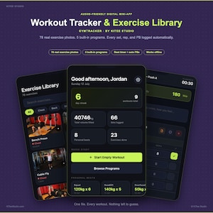 May include: A digital workout tracker and exercise library app interface displayed on three smartphones. The dark-themed screens show exercise lists, personal statistics, and workout logs with lime green accents and white text on a purple background.