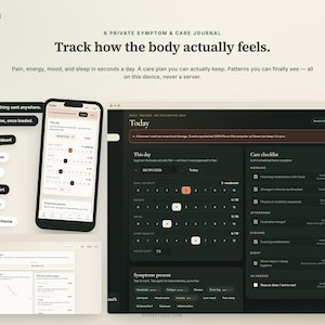Puede incluir: Una interfaz digital de Haven Journal mostrada en un teléfono inteligente y una pantalla de computadora. El panel oscuro incluye un rastreador diario de dolor, energía, estado de ánimo y sueño, junto con una lista de verificación y herramientas.