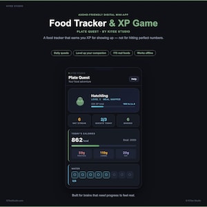 Food Tracker App - Gamified Meal, Water & Streak Log for ADHD Adults, No Calorie Guilt, Instant Digital Download -AuDHD Friendly