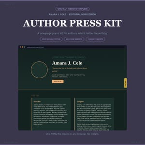 Può includere: Un modello di sito web intitolato Author Press Kit di Amara J. Cole, Editorial Noir Edition. L'interfaccia verde scuro presenta un segnaposto circolare per il profilo, una breve biografia, una lunga biografia e un pulsante Save This Kit.