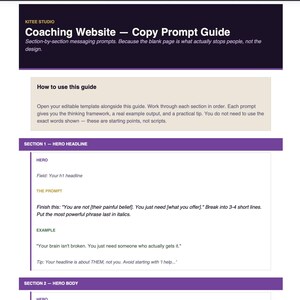 Pode incluir: Um guia intitulado "Coaching Website - Copy Prompt Guide" com um cabe&ccedil;alho roxo escuro e se&ccedil;&otilde;es em roxo. O guia fornece prompts e exemplos para o texto do site, incluindo t&iacute;tulos e corpo do texto. O texto inclui "You are not [their painful belief]. You just need [what you offer]."