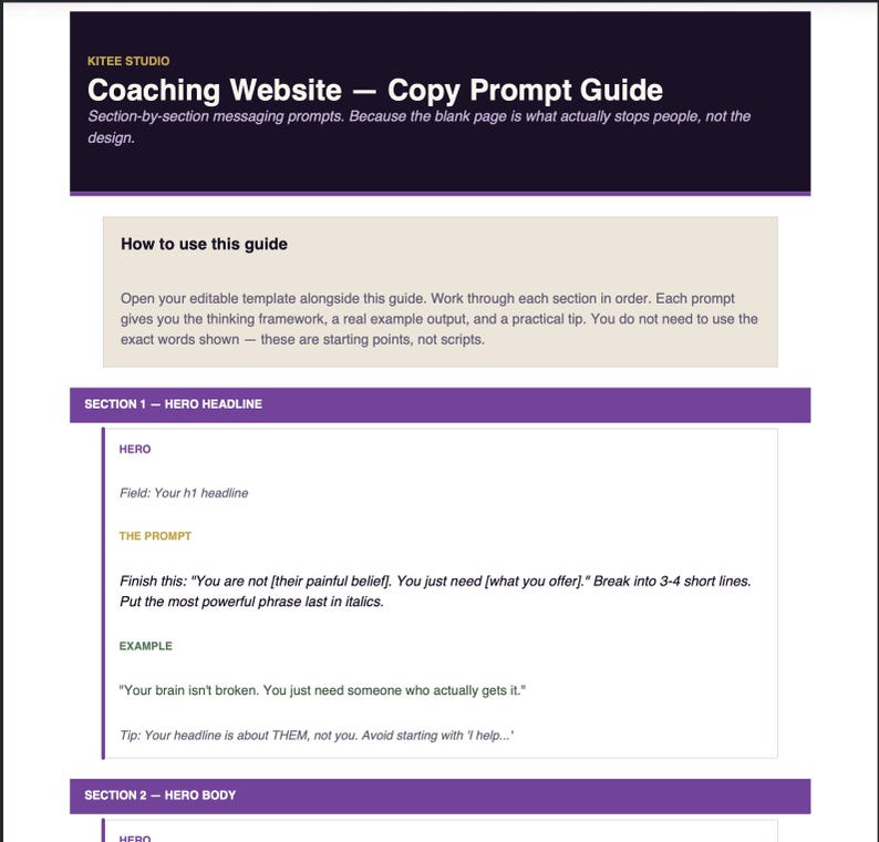 Pode incluir: Um guia intitulado "Coaching Website - Copy Prompt Guide" com um cabe&ccedil;alho roxo escuro e se&ccedil;&otilde;es em roxo. O guia fornece prompts e exemplos para o texto do site, incluindo t&iacute;tulos e corpo do texto. O texto inclui "You are not [their painful belief]. You just need [what you offer]."