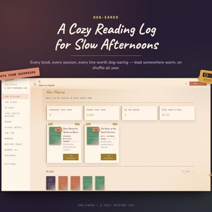 Dog-Eared Cozy Reading Log-app, importera och exportera med Goodreads, Warm Reading Tracker utan prenumeration