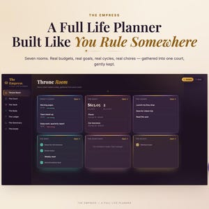 May include: A digital life planner interface titled The Empress, featuring a dark purple dashboard with a sidebar menu and six distinct cards labelled Throne Room, The Vault, The Ledger, The Body, The Sanctuary, and The Estate with text.