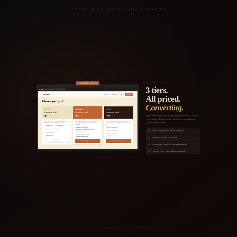 May include: A website design showing three pricing options, each with a different colour scheme. The text states "3 tiers. All priced. Converting." and includes customisation prompts. The background is dark brown.