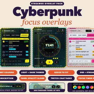 Może przedstawiać: Pakiet nakładek dla streamerów zatytułowany Cyberpunk focus overlays, zawierający trzy panele interfejsu z listami zadań i centralnym timerem. Zawiera etykiety tekstowe dla dzienników misji oraz opcje kolorów akcentujących dla OBS i Streamlabs.
