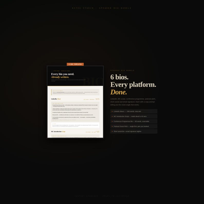 Może przedstawiać: Ciemne tło z tekstem "Every bio you need. Already written." i "6 bios. Every platform. Done." Obraz zawiera r&oacute;wnież makiety szablonu biogramu.