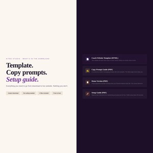 Pode incluir: Uma p&aacute;gina de download de modelo de site com um esquema de cores branco e roxo. O texto diz "Template. Copy prompts. Setup guide." e lista os arquivos inclu&iacute;dos. Quatro caixas roxas detalham o conte&uacute;do do download: modelo HTML, guias PDF e uma vers&atilde;o de demonstra&ccedil;&atilde;o.