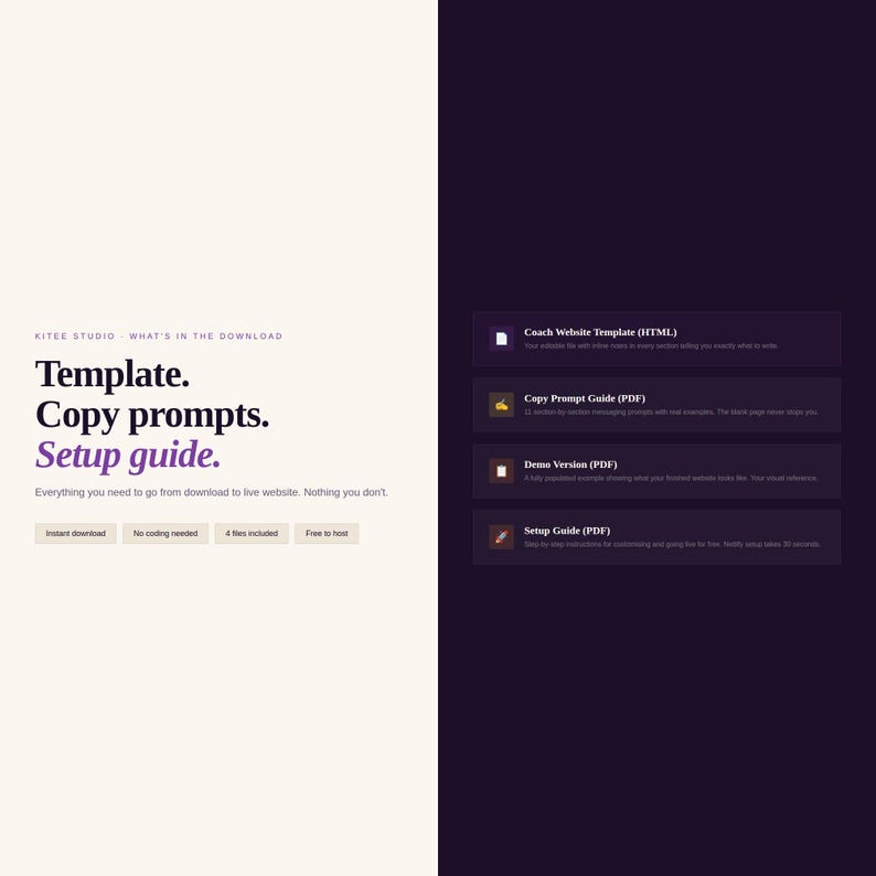 Pode incluir: Uma p&aacute;gina de download de modelo de site com um esquema de cores branco e roxo. O texto diz "Template. Copy prompts. Setup guide." e lista os arquivos inclu&iacute;dos. Quatro caixas roxas detalham o conte&uacute;do do download: modelo HTML, guias PDF e uma vers&atilde;o de demonstra&ccedil;&atilde;o.