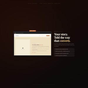 May include: A website design template with a dark brown background. The design features a computer screen displaying a webpage with text and a photo placeholder. Text on the right side reads "Your story. Told the way that converts."