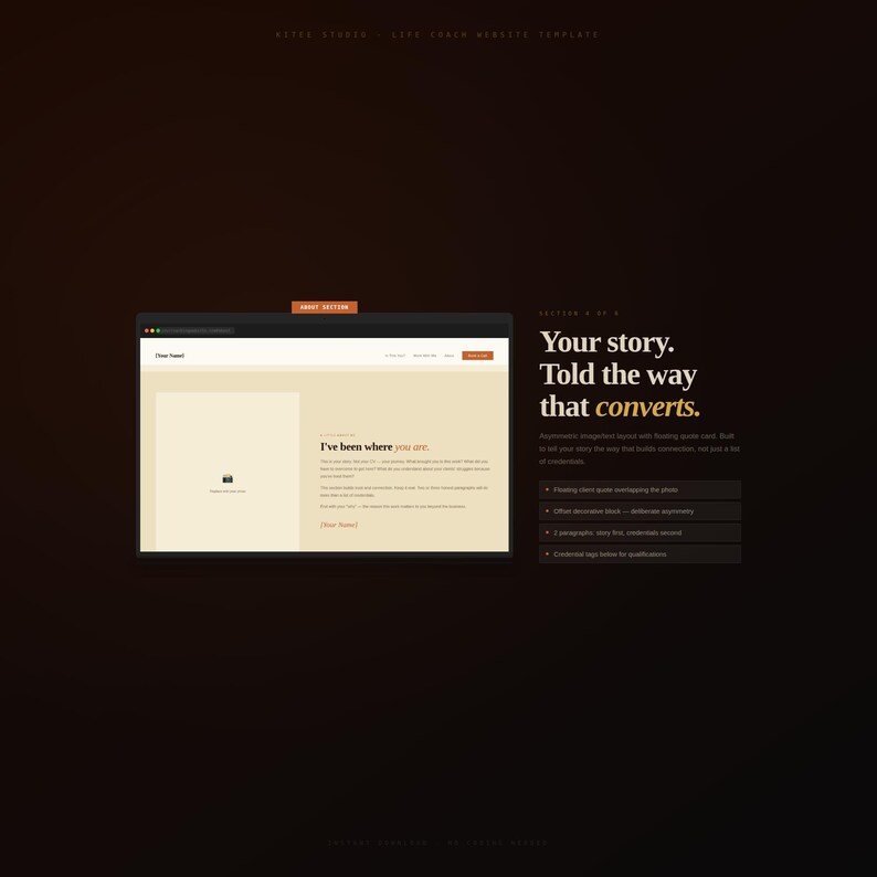 May include: A website design template with a dark brown background. The design features a computer screen displaying a webpage with text and a photo placeholder. Text on the right side reads "Your story. Told the way that converts."