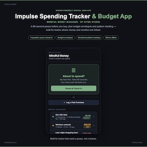 App Mindful Money per la gestione consapevole delle spese impulsive e del budget: strumento di monitoraggio delle buste, funzione di pausa e diario - Compatibile con dispositivi auDHD, download digitale.