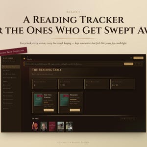 May include: A digital reading tracker interface titled Ex Libris, featuring a dark brown dashboard with sections for reading tables, book statistics, and an up next list. The text reads A Reading Tracker For The Ones Who Get Swept Away.