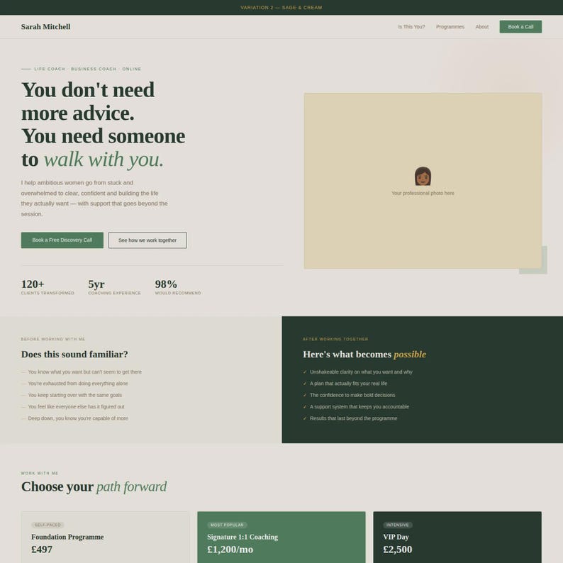 Pode incluir: Design de site web em tons de s&aacute;lvia e creme. A p&aacute;gina apresenta o texto: &laquo;Voc&ecirc; n&atilde;o precisa de mais conselhos. Voc&ecirc; precisa de algu&eacute;m para caminhar com voc&ecirc;&raquo;. O texto adicional inclui &laquo;Marque uma chamada de descoberta gratuita&raquo; e &laquo;Veja como trabalhamos juntos&raquo;.