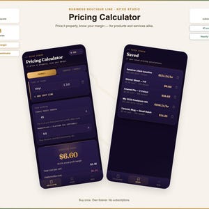 May include: A digital interface for a Pricing Calculator by Kitee Studio displayed on two dark-themed mobile screens. The left screen shows input fields for product costs and profit margins, while the right screen lists saved pricing calculations.