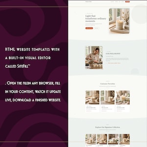 Può includere: Una visualizzazione digitale di un modello di sito web HTML con una barra laterale viola scuro e testo bianco che recita HTML WEBSITE TEMPLATES WITH A BUILT-IN VISUAL EDITOR CALLED SITEFILL. L'area principale mostra un layout e-commerce chiaro.