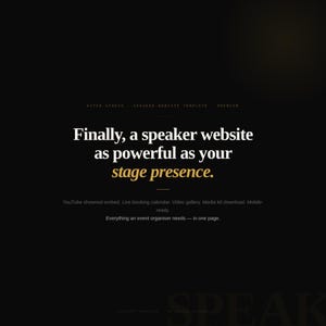 May include: Black background with white and gold text. The text reads "Finally, a speaker website as powerful as your stage presence." Additional text includes "Kiter Studio, Speaker Website Template, Premium."